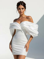 Sheath Glitter Short Off-the-Shoulder Wedding Dress With Lace-Up Back - Curvevia