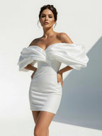 Sheath Glitter Short Off-the-Shoulder Wedding Dress With Lace-Up Back - Curvevia
