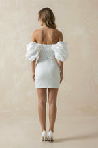 Sheath Glitter Short Off-the-Shoulder Wedding Dress With Lace-Up Back - Curvevia
