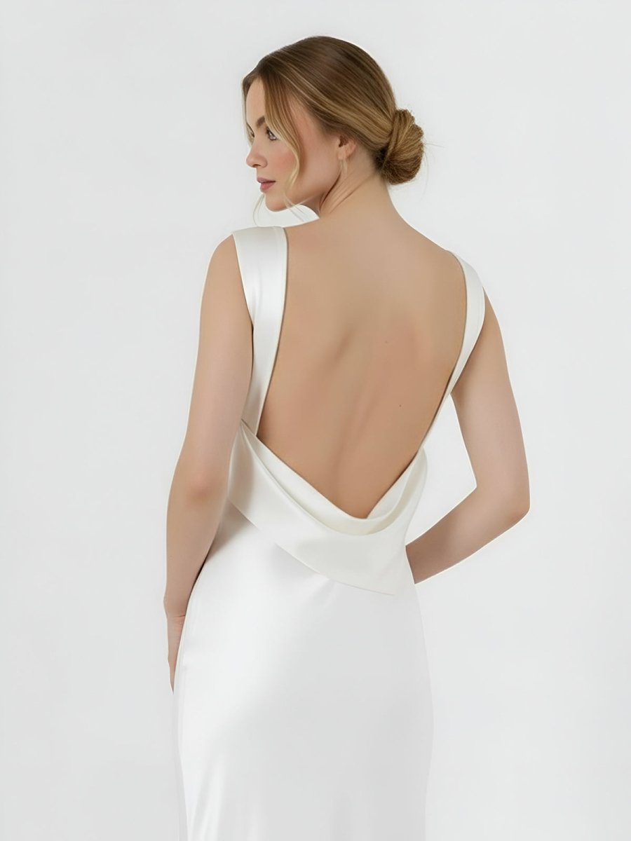 Sheath High Bateau Neck Backless Silk Satin Wedding Dress - Curvevia