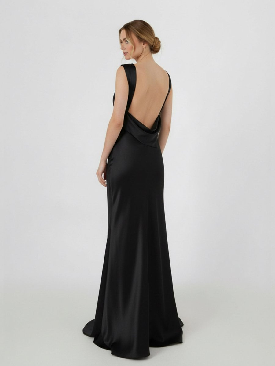 Sheath High Bateau Neck Backless Silk Satin Wedding Dress - Curvevia