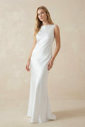 Sheath High Bateau Neck Backless Silk Satin Wedding Dress - Curvevia