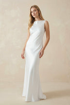 Sheath High Bateau Neck Backless Silk Satin Wedding Dress - Curvevia