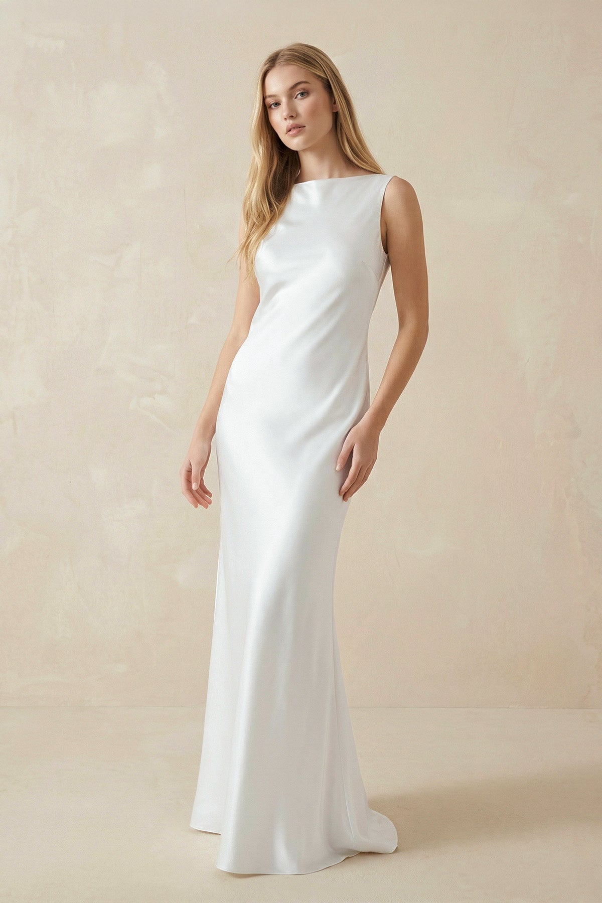 Sheath High Bateau Neck Backless Silk Satin Wedding Dress - Curvevia