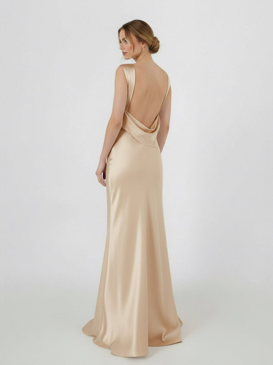 Sheath High Bateau Neck Backless Silk Satin Wedding Dress - Curvevia