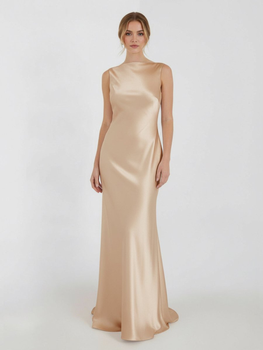 Sheath High Bateau Neck Backless Silk Satin Wedding Dress - Curvevia