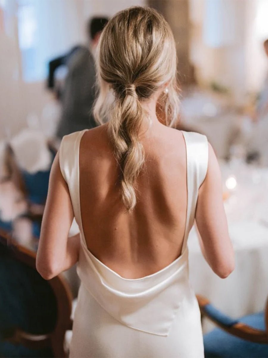 Sheath High Bateau Neck Backless Silk Satin Wedding Dress - Curvevia