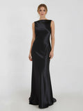 Sheath High Bateau Neck Backless Silk Satin Wedding Dress - Curvevia