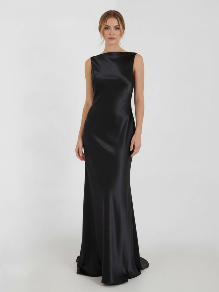 Sheath High Bateau Neck Backless Silk Satin Wedding Dress - Curvevia