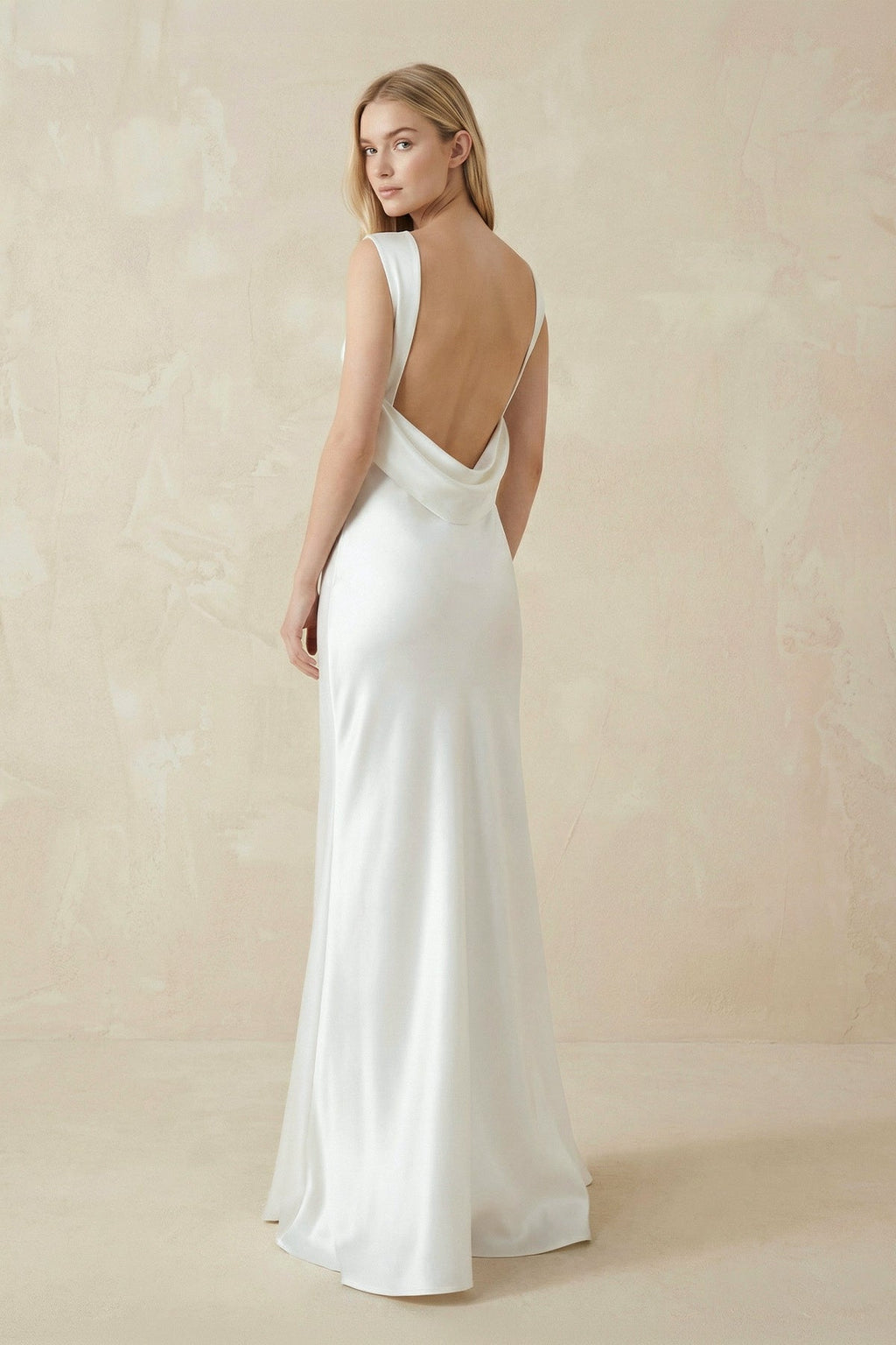 Sheath High Bateau Neck Backless Silk Satin Wedding Dress - Curvevia