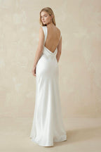 Sheath High Bateau Neck Backless Silk Satin Wedding Dress - Curvevia