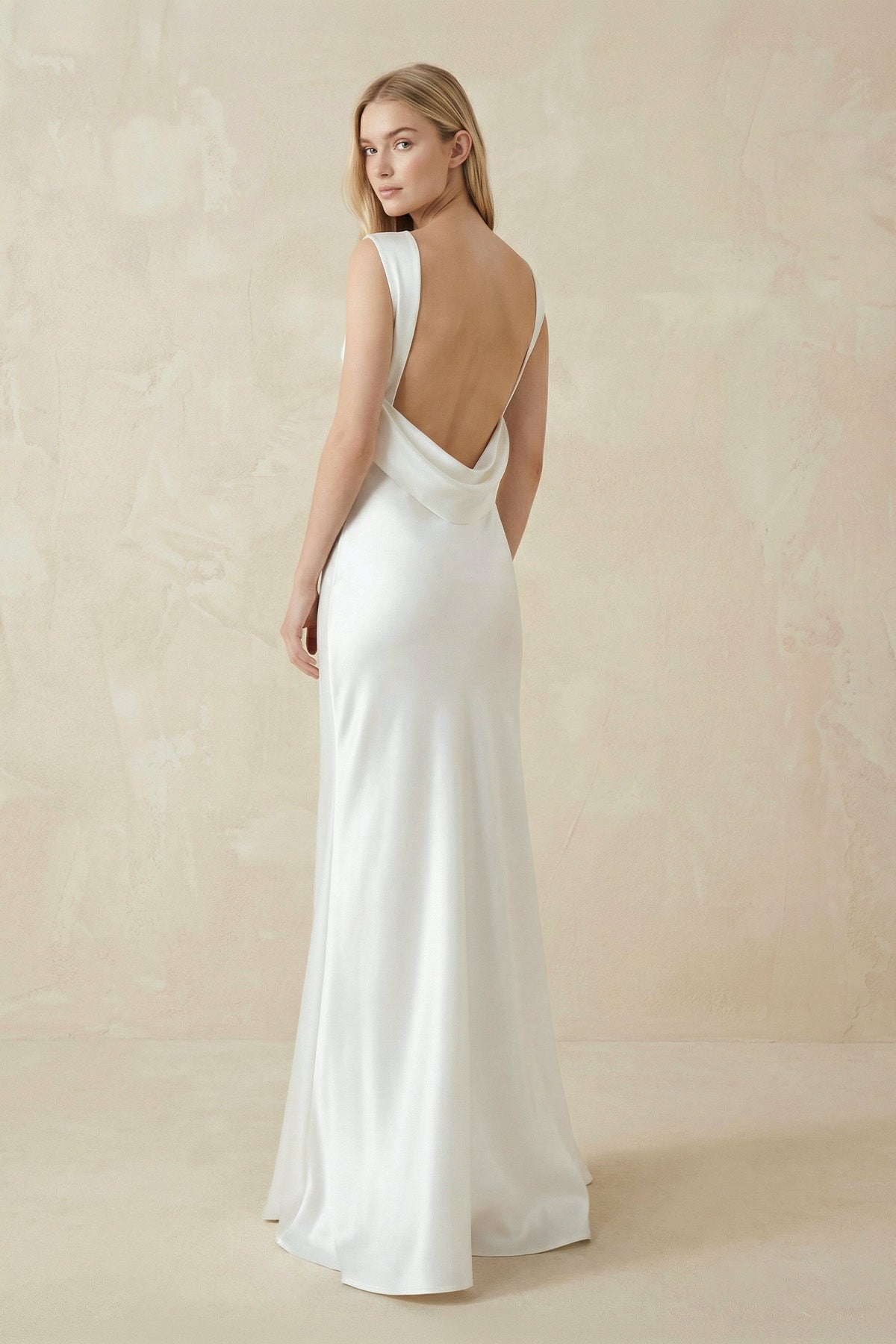Sheath High Bateau Neck Backless Silk Satin Wedding Dress - Curvevia
