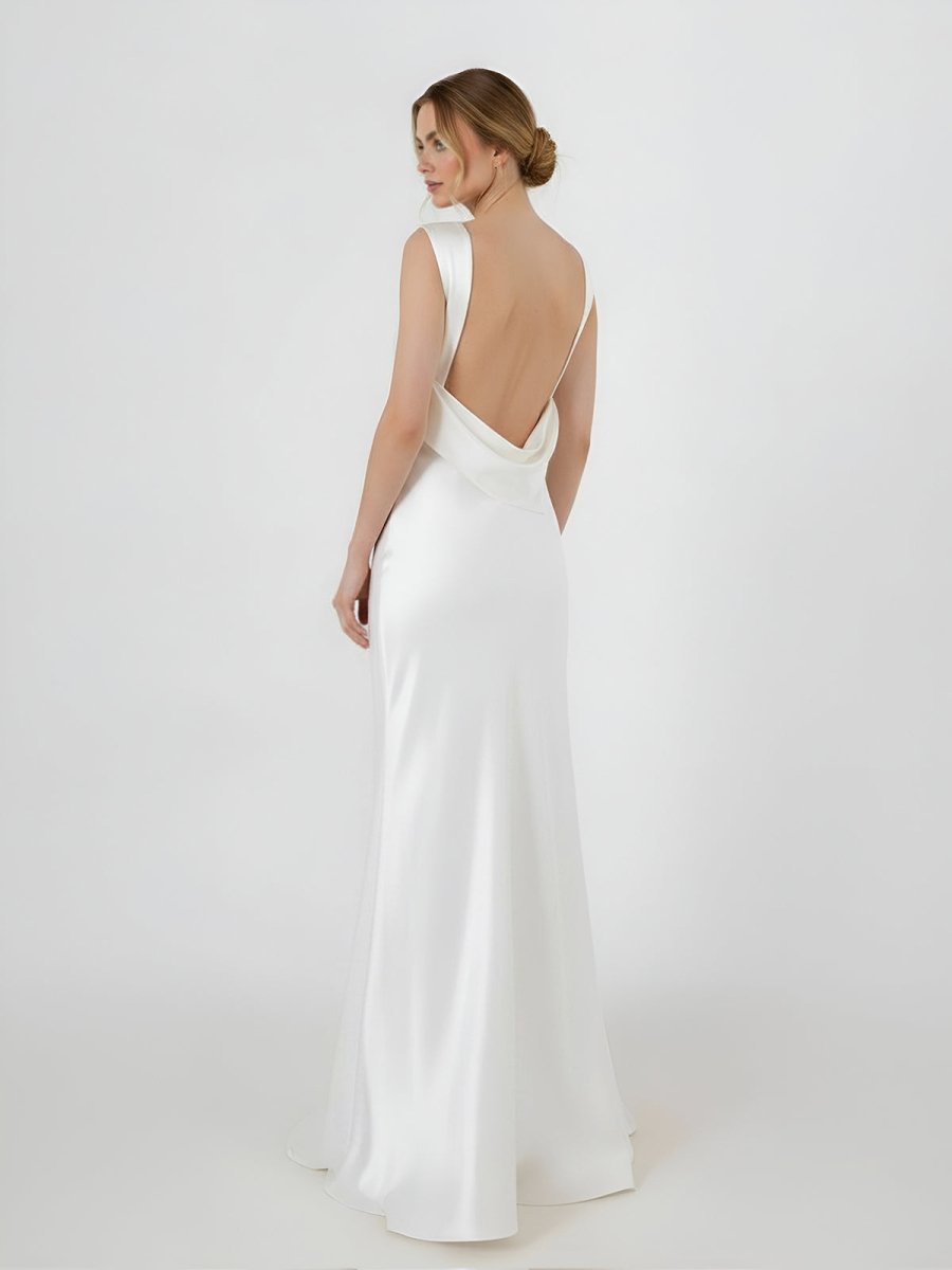 Sheath High Bateau Neck Backless Silk Satin Wedding Dress - Curvevia