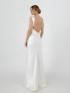 Sheath High Bateau Neck Backless Silk Satin Wedding Dress - Curvevia