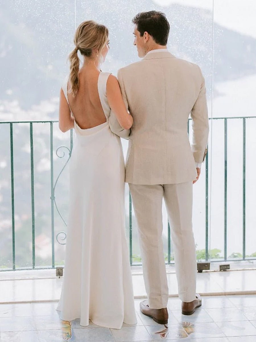 Sheath High Bateau Neck Backless Silk Satin Wedding Dress - Curvevia