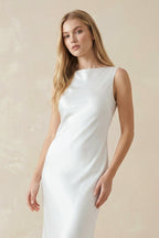 Sheath High Bateau Neck Backless Silk Satin Wedding Dress - Curvevia