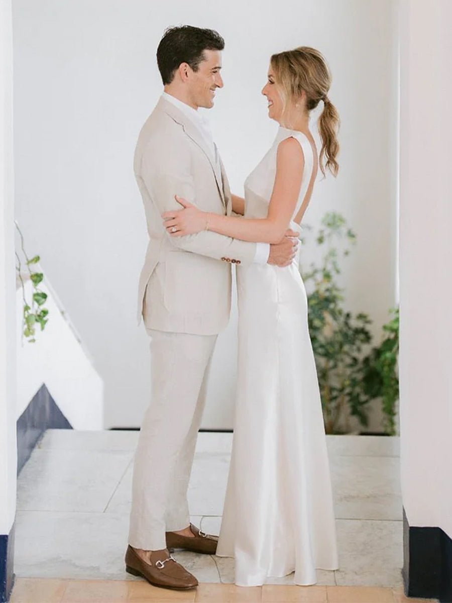 Sheath High Bateau Neck Backless Silk Satin Wedding Dress - Curvevia
