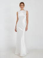 Sheath High Bateau Neck Backless Silk Satin Wedding Dress - Curvevia