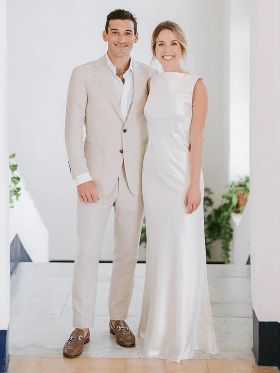 Sheath High Bateau Neck Backless Silk Satin Wedding Dress - Curvevia