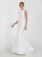 Sheath High Bateau Neck Backless Silk Satin Wedding Dress - Curvevia