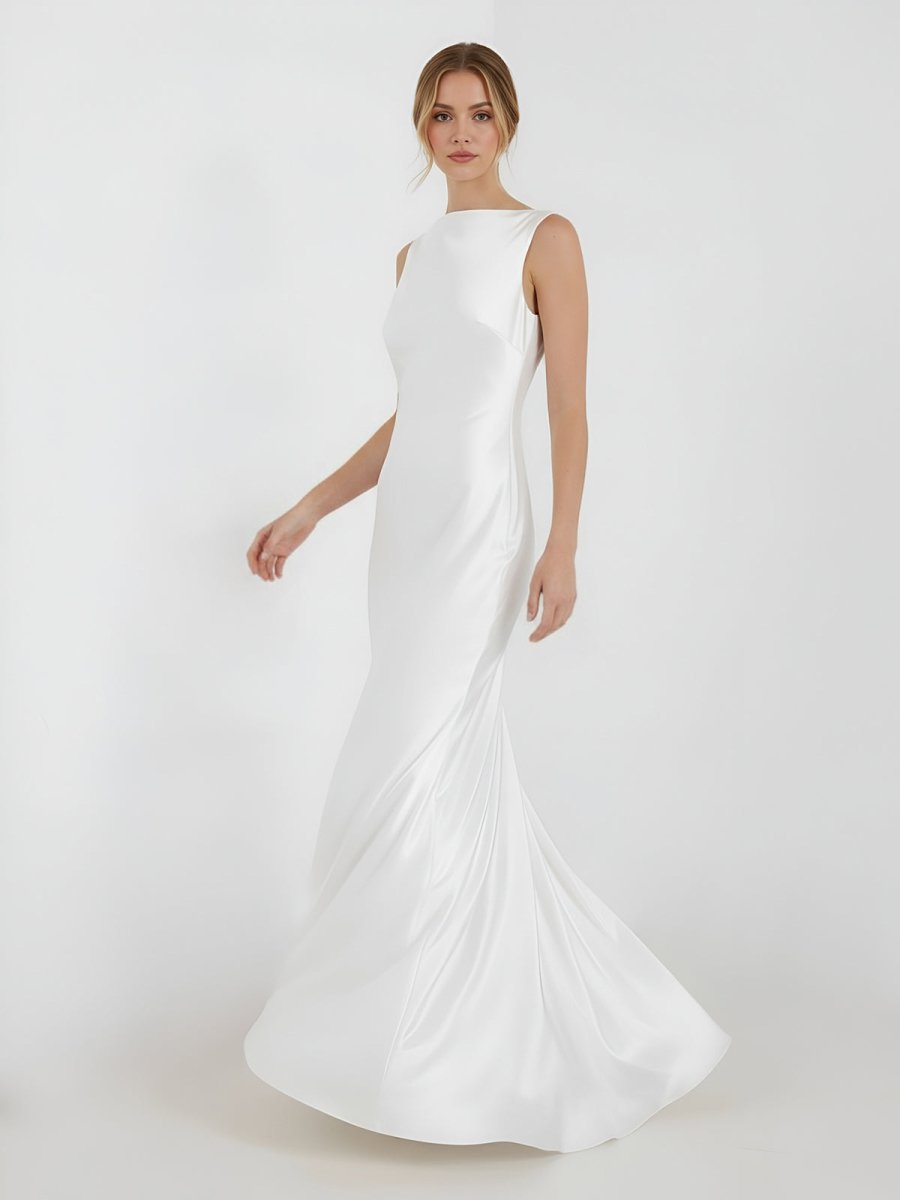Sheath High Bateau Neck Backless Silk Satin Wedding Dress - Curvevia
