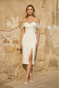 Sheath Off-The-Shoulder Sleeveless Tea-Length Wedding Dresses - Curvevia