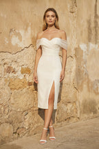 Sheath Off-The-Shoulder Sleeveless Tea-Length Wedding Dresses - Curvevia