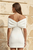 Sheath Off-The-Shoulder Sleeveless Satin Short Mini Wedding Dress With Bow - Curvevia