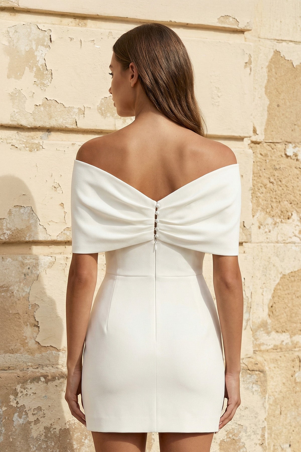 Sheath Off-The-Shoulder Sleeveless Satin Short Mini Wedding Dress With Bow - Curvevia