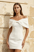 Sheath Off-The-Shoulder Sleeveless Satin Short Mini Wedding Dress With Bow - Curvevia