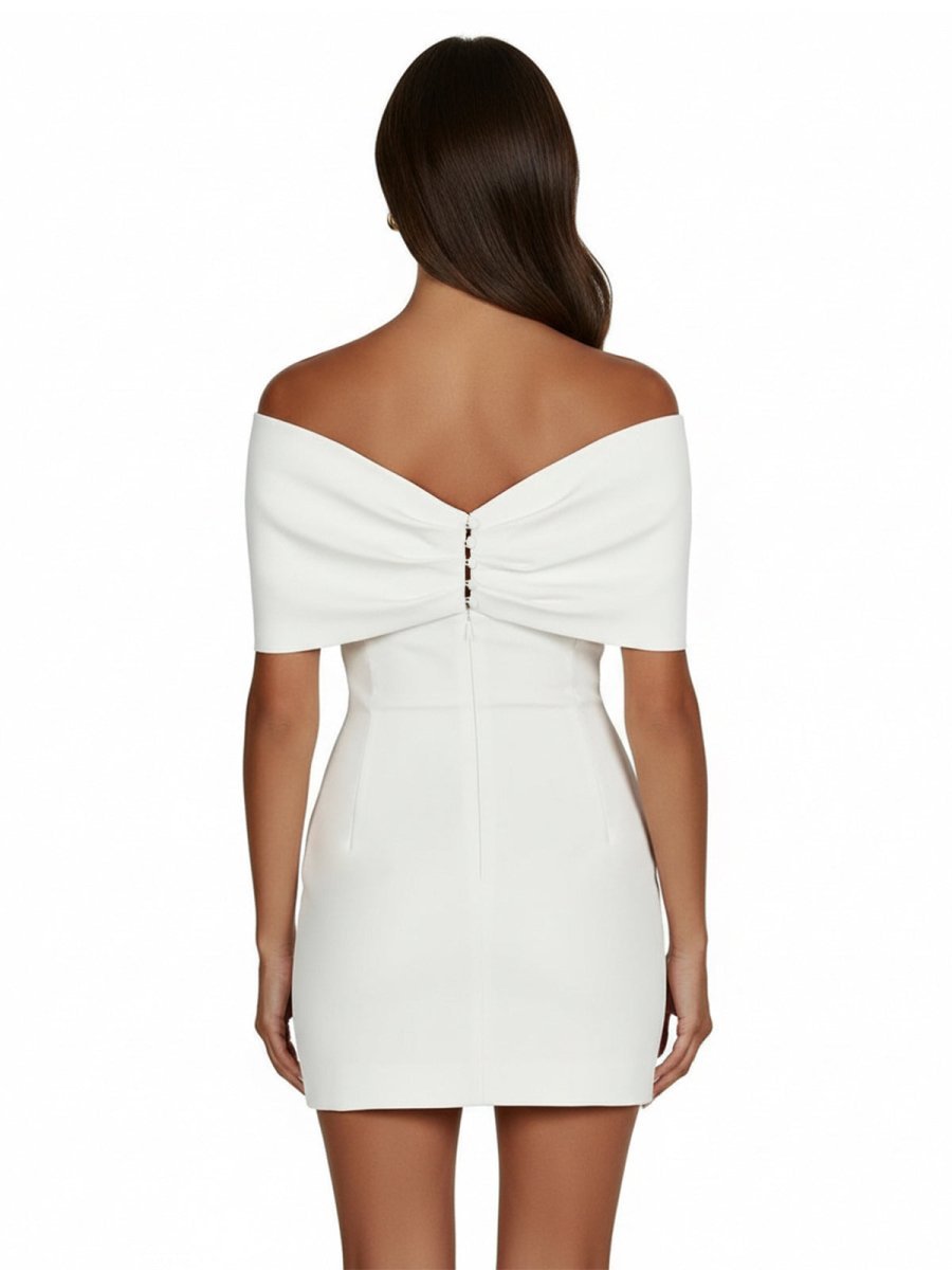 Sheath Off-The-Shoulder Sleeveless Satin Short Mini Wedding Dress With Bow - Curvevia