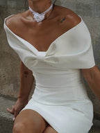 Sheath Off-The-Shoulder Sleeveless Satin Short Mini Wedding Dress With Bow - Curvevia