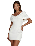 Sheath Off-The-Shoulder Sleeveless Satin Short Mini Wedding Dress With Bow - Curvevia