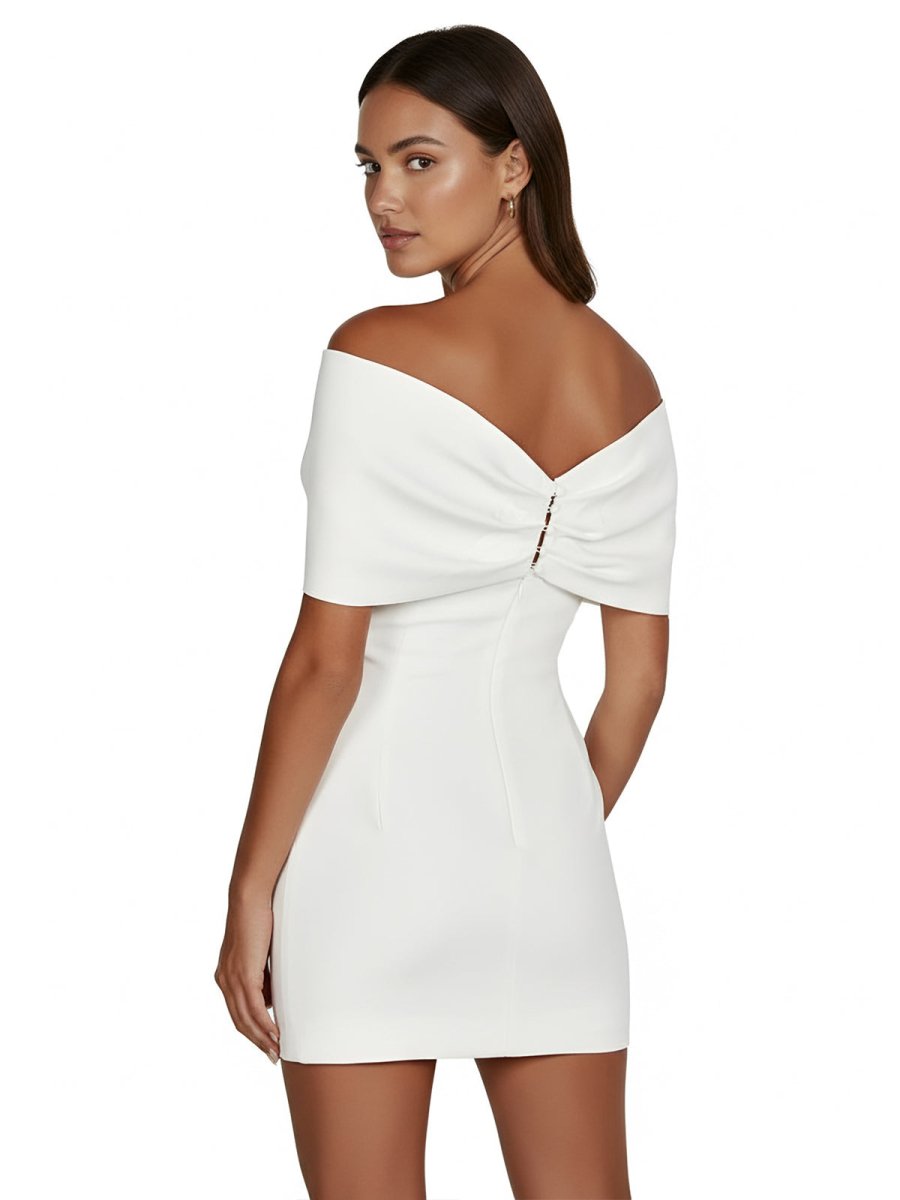 Sheath Off-The-Shoulder Sleeveless Satin Short Mini Wedding Dress With Bow - Curvevia