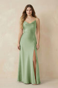 Spaghetti Strap Sheath Satin Bridesmaid Dress With Slit in Sage - Curvevia