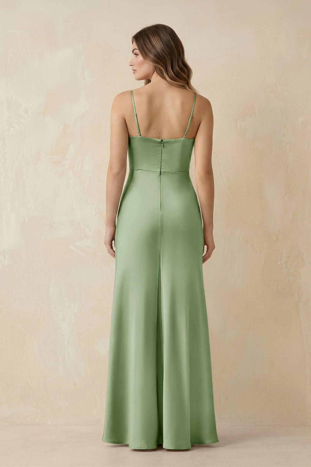Spaghetti Strap Sheath Satin Bridesmaid Dress With Slit in Sage - Curvevia