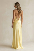 Sheath Satin Spaghetti Strap Bridesmaid Dress in Pastel Yellow - Curvevia
