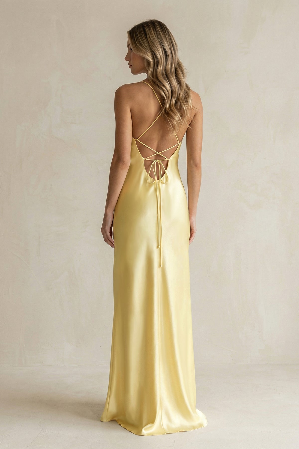Sheath Satin Spaghetti Strap Bridesmaid Dress in Pastel Yellow - Curvevia