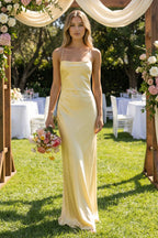 Sheath Satin Spaghetti Strap Bridesmaid Dress in Pastel Yellow - Curvevia