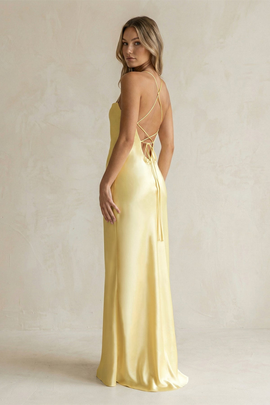 Sheath Satin Spaghetti Strap Bridesmaid Dress in Pastel Yellow - Curvevia
