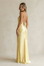 Sheath Satin Spaghetti Strap Bridesmaid Dress in Pastel Yellow - Curvevia