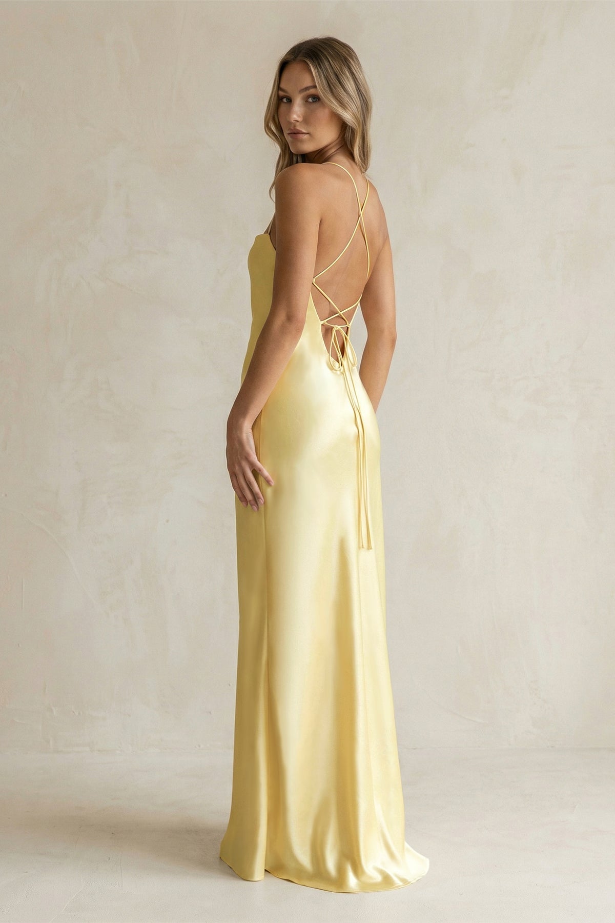 Sheath Satin Spaghetti Strap Bridesmaid Dress in Pastel Yellow - Curvevia