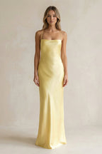 Sheath Satin Spaghetti Strap Bridesmaid Dress in Pastel Yellow - Curvevia