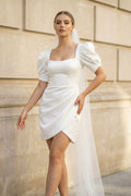 Bodycon Square Neck Satin Short Wedding Dresses with Lantern Sleeves - Curvevia