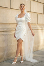 Bodycon Square Neck Satin Short Wedding Dresses with Lantern Sleeves - Curvevia