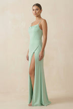 Sheath Spaghetti Straps Chiffon Long Bridesmaid Dress in Pale Pistachio - Curvevia