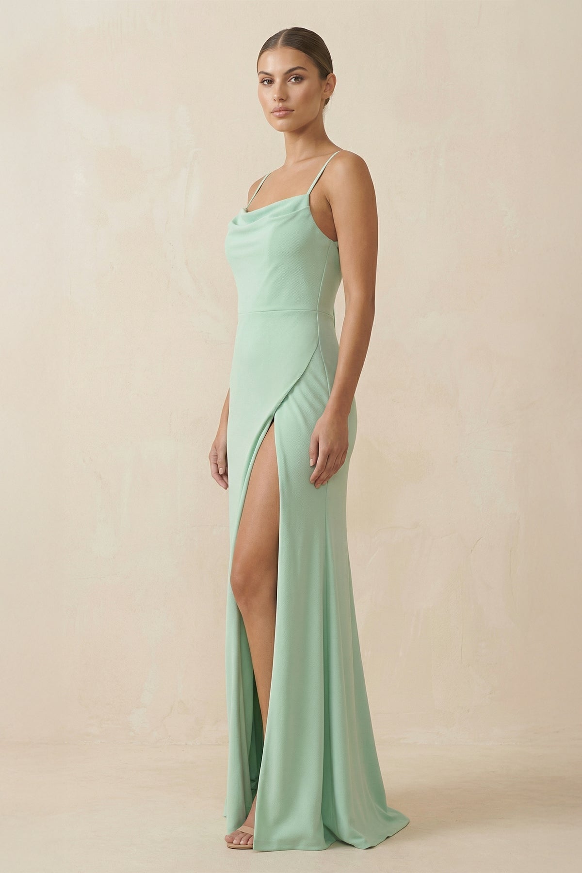 Sheath Spaghetti Straps Chiffon Long Bridesmaid Dress in Pale Pistachio - Curvevia