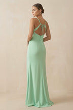 Sheath Spaghetti Straps Chiffon Long Bridesmaid Dress in Pale Pistachio - Curvevia