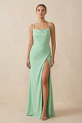 Sheath Spaghetti Straps Chiffon Long Bridesmaid Dress in Pale Pistachio - Curvevia