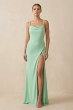 Sheath Spaghetti Straps Chiffon Long Bridesmaid Dress in Pale Pistachio - Curvevia